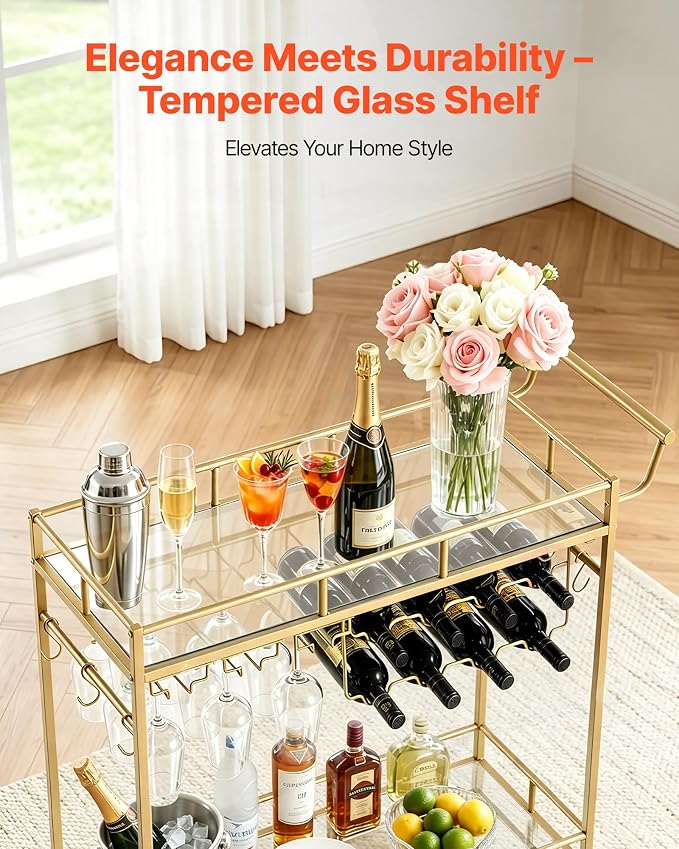 VEVOR Bar Cart, 2 Tiers Home Kitchen Serving Carts, Modern Rolling Utility Station on Wheels, Drink Beverage Trolley with Mirrored Glass Shelves, Wine Rack, Glass Holder, for Living Dining Room, Gold
