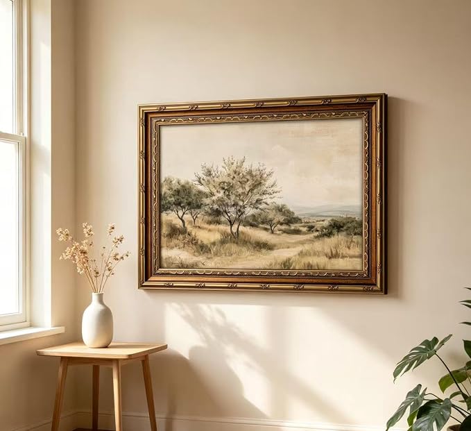Vintage Gold Framed Olive Tree Landscape Wall Art - Retro Country Farmhouse Canvas Prints, Rustic Nature Scene Painting Prints Artwork for Living Room Bedroom Dining Room Decor，16x24in