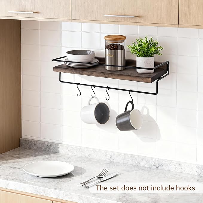 Floating Shelves with Towel Bar - Natural Walnut Hanging Shelf, Wall Mounted Shelving with Metal Frame for Kitchen, Coffee Bar, Entryway, Bedroom