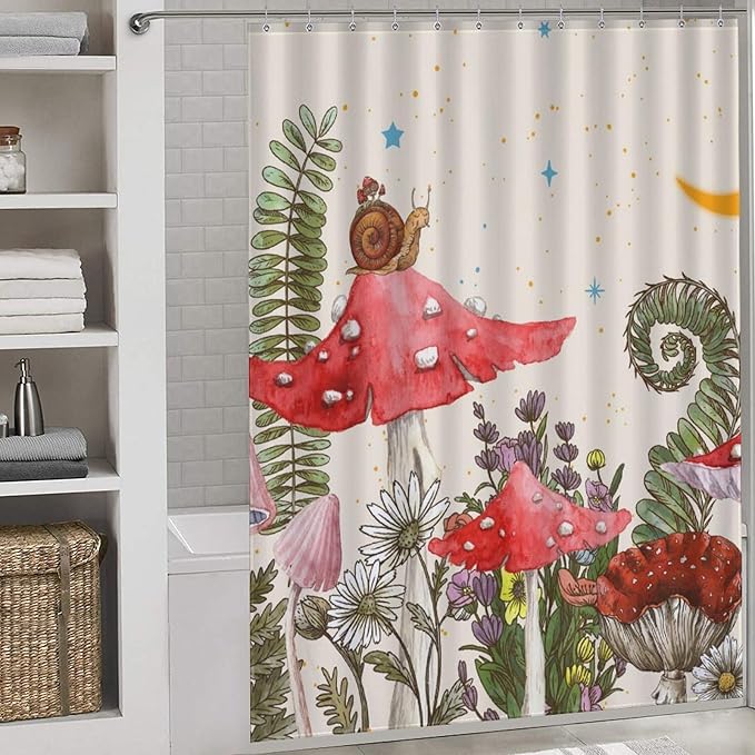 Mushroom Shower Curtain, Wild Floral Botanical Moon Star Daisy Cottagecore Nature Botanical Plants Herbs Farmhouse Waterproof Fabric Bathroom Shower Curtain Set with Hooks, 72"x72" Inch