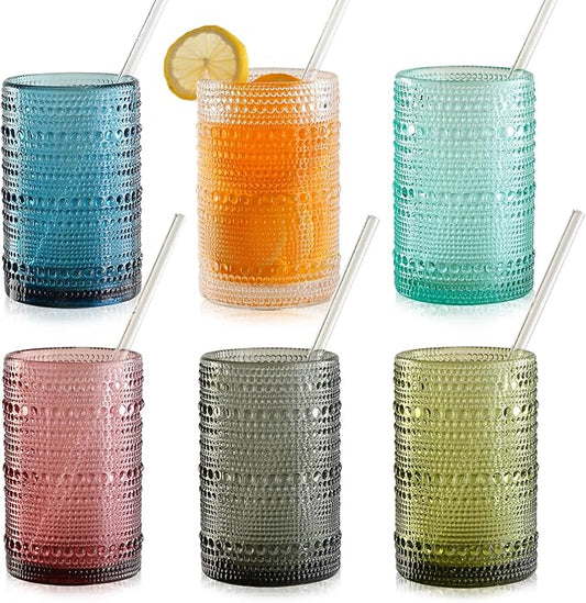 15oz Colored Hobnail Drinking Glasses Set of 6,Vintage Kitchen Glassware, Embossed Beaded Glass Cups,Water Tumbler for Cocktail,Juice and Various Mixed Drinks
