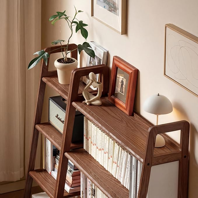 100% Solid Oak 4 Tier Ladder Shelf, Small Bookshelf, Ladder Bookshelf, Bookcase with Stable Frame, Small Table for Living Room Bedroom (Walnut, 35.04" D x 16.53" W x 53.54" H)