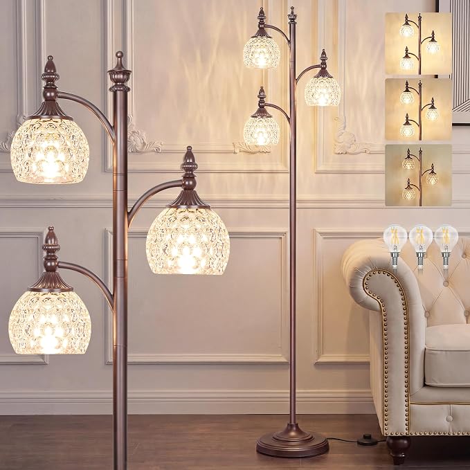 JUNNAI Brown Floor Lamps for Living Room 66.5in Vintage Standing Lamp with Glass Shade 3 Way Brightness Lights Mid Century Modern Pole Lights Corner Lamp for Bedroom Office(Bulbs Included)