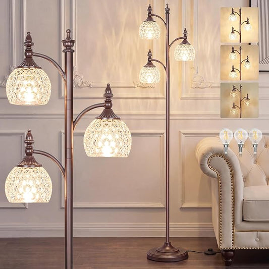 JUNNAI Brown Floor Lamps for Living Room 66.5in Vintage Standing Lamp with Glass Shade 3 Way Brightness Lights Mid Century Modern Pole Lights Corner Lamp for Bedroom Office(Bulbs Included)