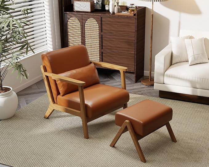 Accent Chair and Ottoman Set, Mid-Century Modern Faux Leather Armchair with Solid Wood Frame for Living Room, Bedroom, Balcony, Brown