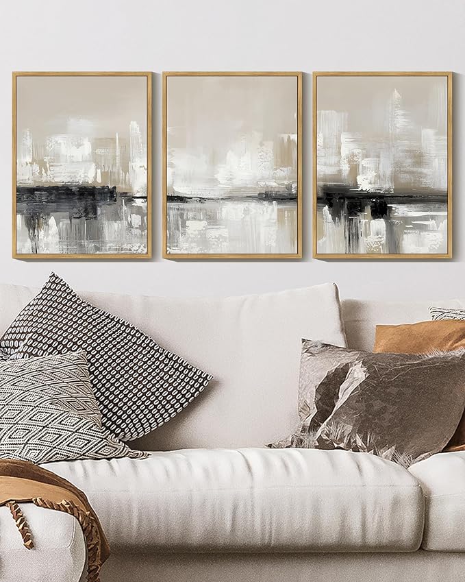 KUVIOKE Abstract Gray Framed Wall Art Neutral Brown Artwork Painting Morden Minimalist Wall Decor Rustic Home Decor 11x14in (Natural Framed)
