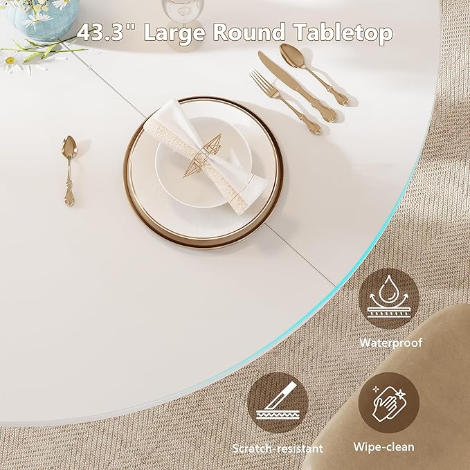 Einhomn 59" Extendable Round Dining Table for 6-8, Kitchen Table with Sturdy Double Arc Base & Backboard Clasp Desktop, Mid-Century Modern Dinner Table, Kitchen Dining Room, Space Saving, White