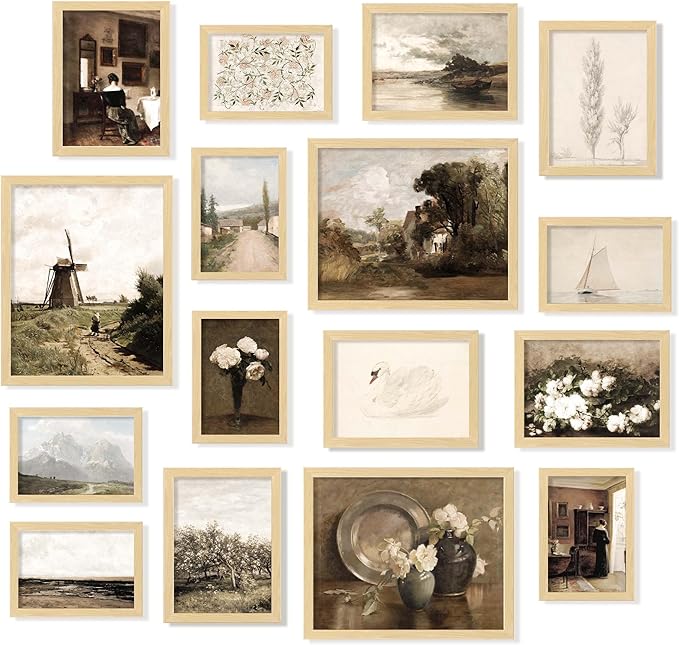 97 Decor Vintage 16PCS FRAMED Wall Art - Framed Vintage Wall Art Prints, Vintage Posters For Room Aesthetic, Lanscape Prints For Wall Decor, Moody Gallery Wall Pictures Botanical Paintings For Home Bedroom (BEIGE FRAME)