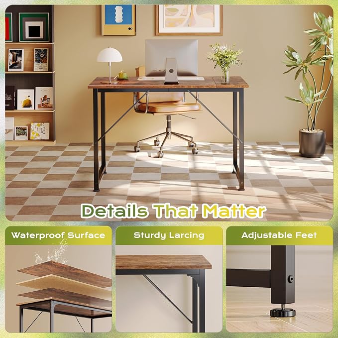 PRAISUN 39.4 Inch Computer Desk, Home Office Desk with Spacious Desktop, Modern Gaming Desk, Writing Study Table for Bedroom, Small Spaces, Work from Home Desk with Metal Frame, Rustic Brown