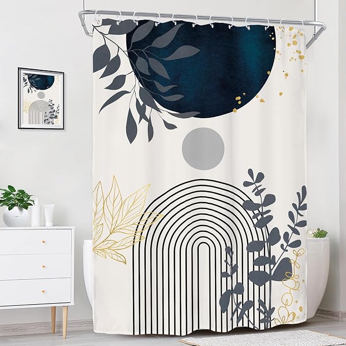 Riyidecor Extra Wide Boho Navy Blue Shower Curtain for Bathroom Decor 54Wx78H Short Plants Abstract Boho Modern Mid Century Art Printed Fabric Polyester Waterproof 12 Pack Plastic Hooks