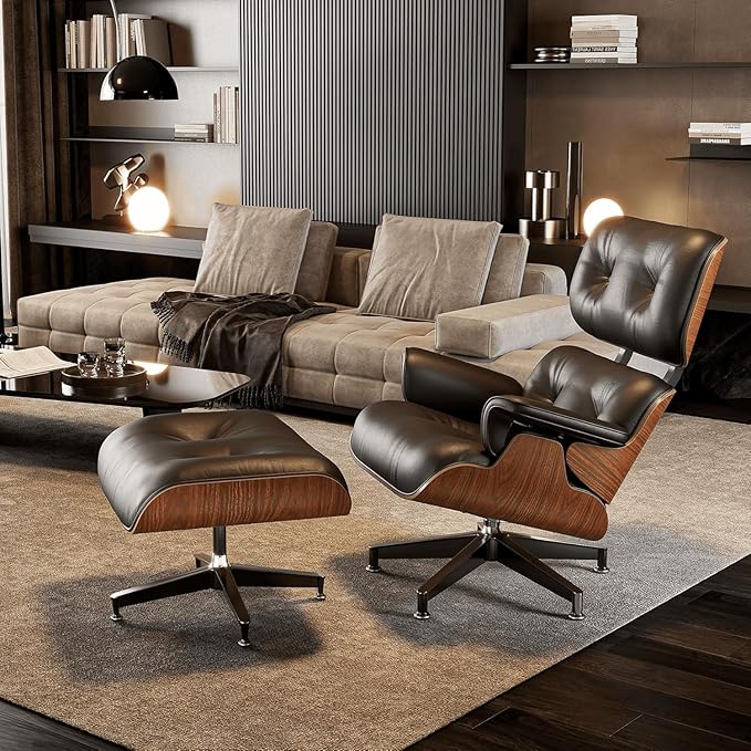 Top Black Grain Leather,Mid Century Chaise Lounge Chair and Ottoman, Reading Chair, Leather Accent Chair, Modern Chair, Classic Design, Heavy Duty Base Support for Living Room Lounge Office