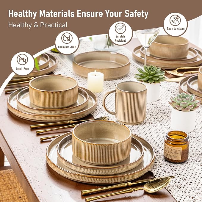 GBHOME 12-Piece Stoneware Dinnerware Set for 4 – Ribbed Ceramic Plates and Bowls, Scratch-Resistant, Microwave & Dishwasher Safe, Reactive Glaze, Barley Latte