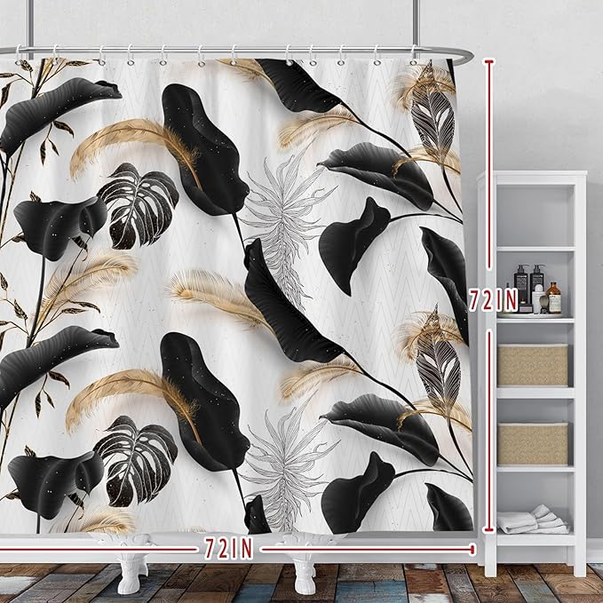 Baocicoo Black Leaves Shower Curtain Bohemian Style Shower Curtain for Bathroom Tropical Leaves Boho Floral Shower Curtains Bathtub Living Room Decor Bathroom Decorations with Hooks 72x72 Inches