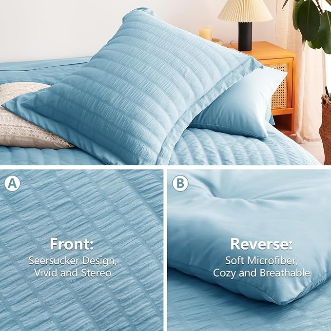 CozyLux King Size Comforter Set Sky Blue, 7 Pieces Seersucker Textured Luxury Bed in a Bag, All Seasons Soft Bedding Sets with Down Alternative Comforter, Sheets, Pillowcases & Shams, Home Gift