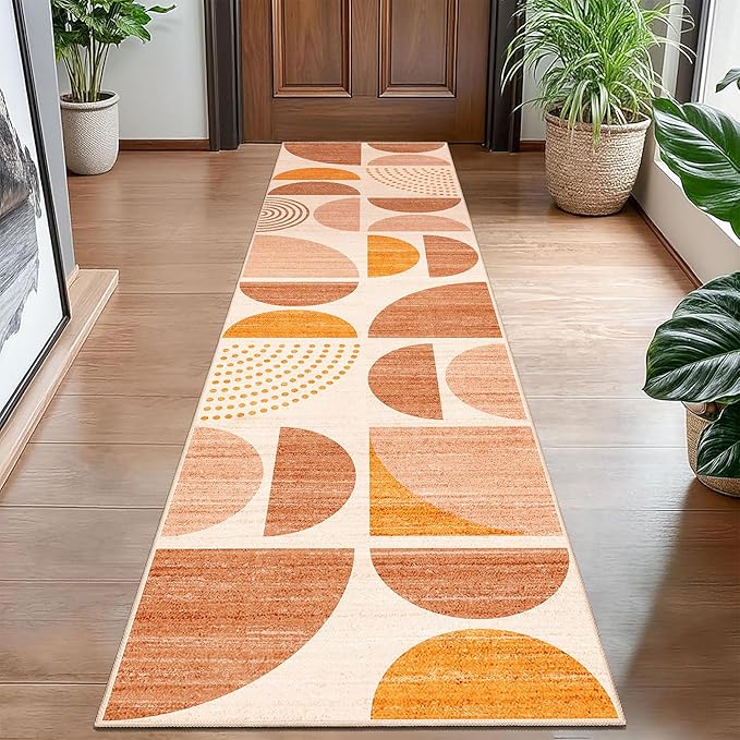 MUJOO Boho Runner Rug Washable,2x8 Area Rugs for Hallways Kitchen Bedroom Entryway Bathroom,Non Slip Carpet Long Mat Indoor,Soft Modern Abstract Bohemian Orange