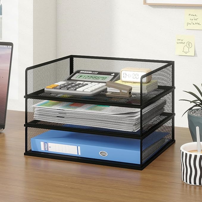 Natwind 3 Tier Letter Trays, File Trays for Desk Stackable,Desktop Paper Organizers for Office Supplies, Metal Mesh File Organizer，Office Organizer，Letter Trays for Home, Office, School，Black