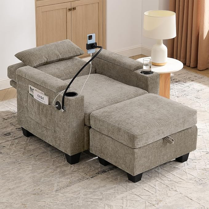 Oversized Chaise Lounge Chair Indoor, Single Convertible Recliner Reading Arm Sofa Chair W/Adjustable Backrest & Charging Port Couch Bed for Living Room, Home Theater & Bedroom, Brown