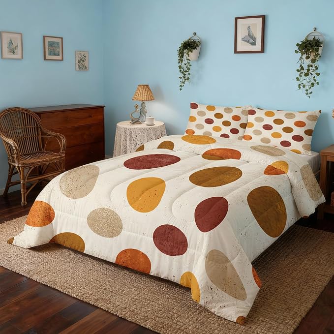Polka Dot Queen Size Comforter Sets 3 Piece, Retro Geometric Printed Pattern, Soft All Season Bed Comforter & 2 Pillow Sham, Polka Dots Bedroom Decor Reversible Bedding D-GM9