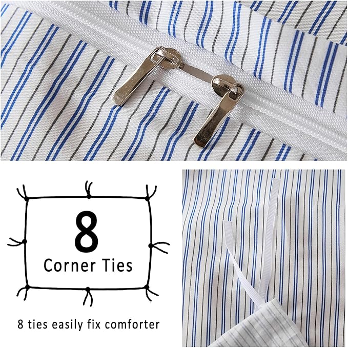 Merryword Striped Duvet Cover Set Queen Size - 100% Cotton Duvet Cover Set with Zipper Closure & 8 Corner Ties, Blue Pinstripe Bedding Set 3 Pieces, Soft Linen Like Bedding Set for All Seasons