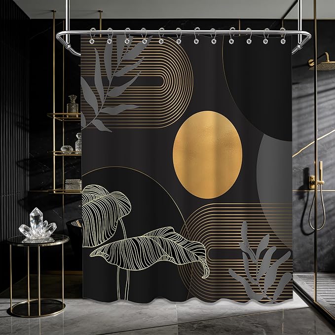 Black and Gold Shower Curtain Dark Mid Century Modern Boho Shower Curtains for Bathroom Decor MCM Masculine Cool Bath Curtain Set, Waterproof Fabric with Hooks 70 x 72 Inch