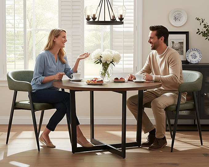 HNY Modern Dining Room Arm Chairs Set of 2, Green Retro Faux Leather Upholstered Barrel Dining Chairs with Arms Mid-Century Accent Chair with Metal Legs, Open-Back Kitchen Side Chairs for Living Room