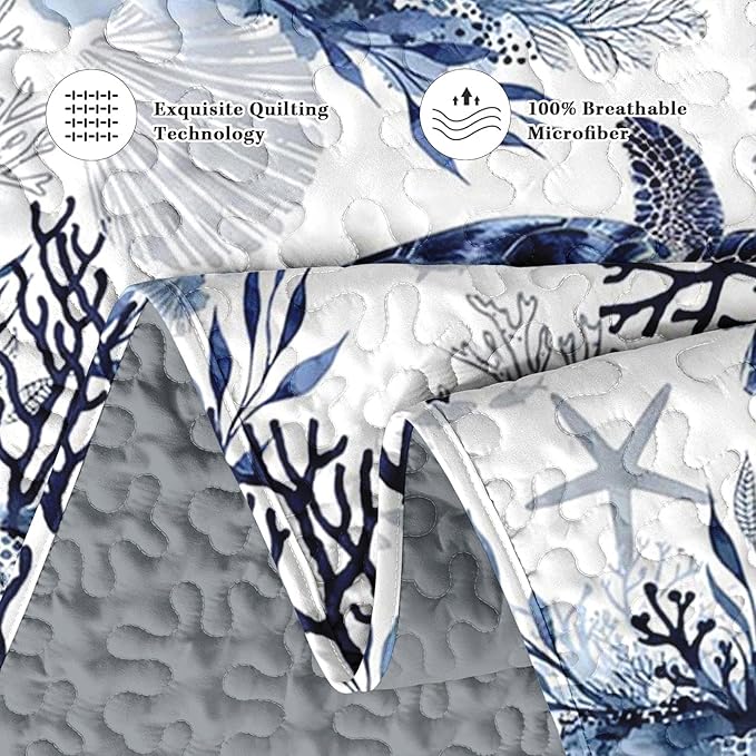 Pamnest Quilt Set Full/Queen Size, Ocean Sea Coral 3 Pcs Soft Bed Cover Bedding Set for Kids and Adults, Blue Animal Turtle Lightweight Bedspread Coverlet with Pillow Sham for All Season