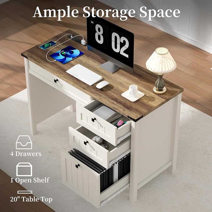 Executive Desk, Farmhouse Computer Desk with Drawers & Cabinet, Home Office Desk for Work Study Writing Workspace (Antique White, 45")