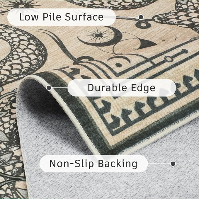 DCX Washable 2x6 Snake Runner Rug, Beige Gothic Rug for Living Room, Soft Low Pile Carpet, Kid & Pet Friendly with Rubber Back Non Slip, Stain Resistant Rug for Bedroom Dining Room Office