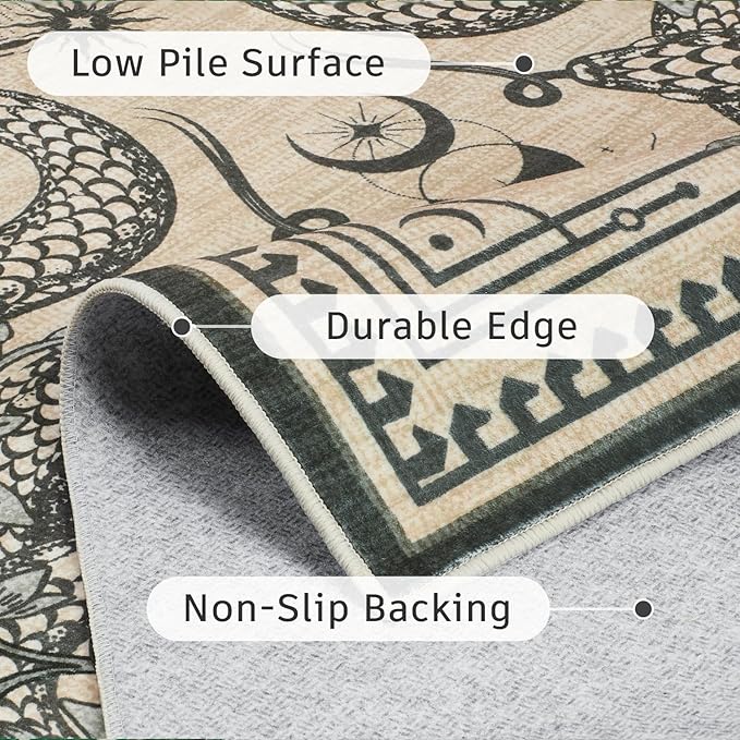 DCX Washable 5x7 Snake Rug, Beige Gothic Rug for Living Room, Soft Low Pile Carpet, Kid & Pet Friendly with Rubber Back Non Slip, Stain Resistant Rug for Bedroom Dining Room Office