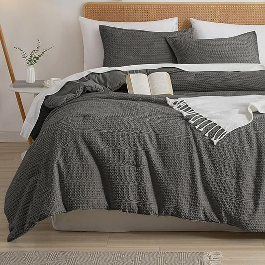 PHF Soft Waffle Comforter Set Queen Size- Comfy Breathable Waffle Weave Comforter with 2 Pillow Shams, 3 Pieces Less Snagging Lightweight Textured Bedding Set for All Season, Grey