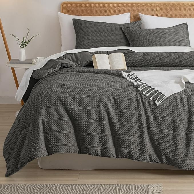 PHF Soft Waffle Comforter Set King Size- Comfy Breathable Waffle Weave Comforter with 2 Pillow Shams, 3 Pieces Less Snagging Lightweight Textured Bedding Set for All Season, Grey