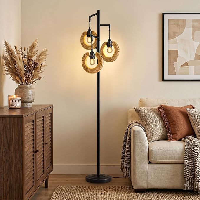 OYEARS 70" Boho Floor Lamps for Living Room, Stepless Dimmable Rattan Floor Lamp, Farmhouse Tall Lamps for Bedroom, Standing Tree Lamp for Office, Nursery, Rotary Switch, 3 LED Bulbs Included, Black