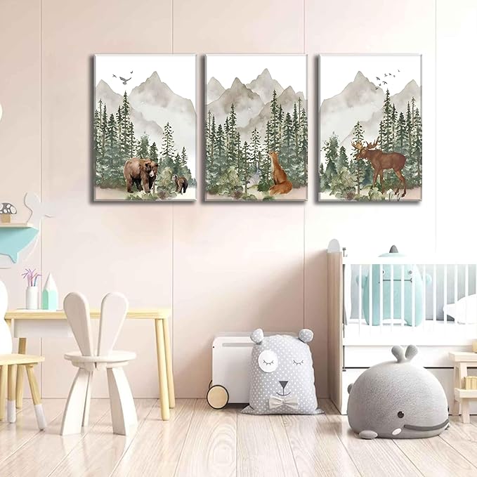 3Pcs Woodland Nursery Wall Art Wild Animals Posters Pictures Foggy Forest Canvas Prints Adventure Theme Kids Wall Decor Watercolor Paintings for Children Boys Room Girls Room Framed
