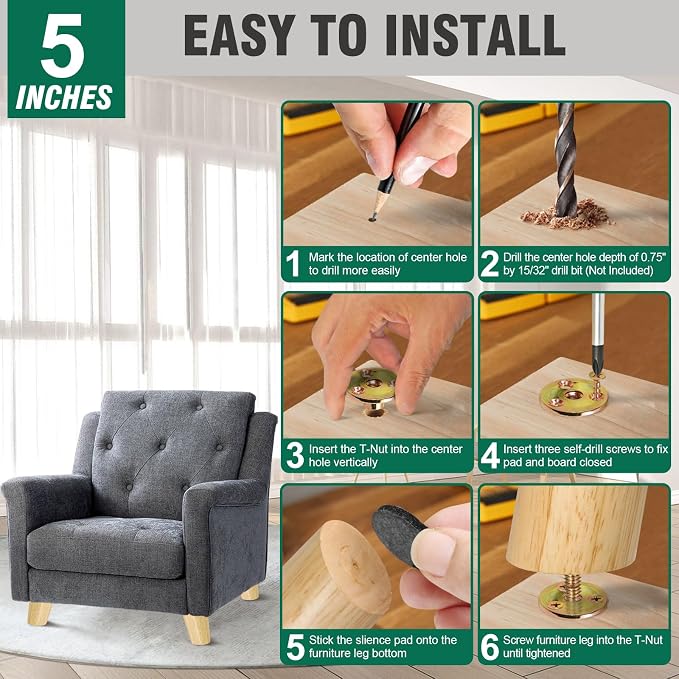 FoDau770 Rubber Wood Furniture Legs 5 Inches, Slant Tapered Wood Feet Mid Century Sofa Legs Set of 4, 5/16" UNC Furniture Feet Replacement Parts for Cabinet Couch Dresser Chair Ottoman Table