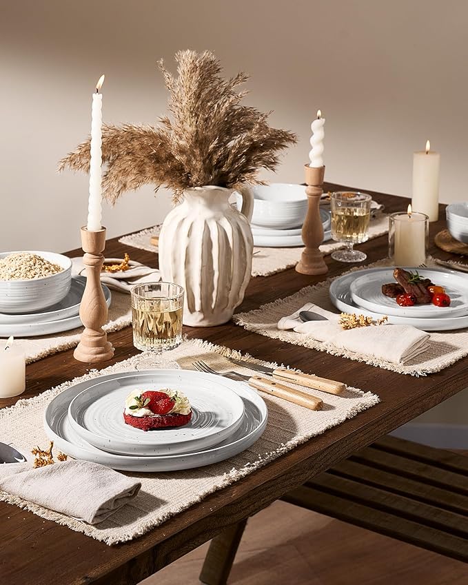 Stoneware Dinnerware Sets, Plate and Bowl Sets for 4, 12 Pieces Spiral Flared Dishware with Speckles and Reactive Glaze, Microwave Dishwasher Safe Family Tableware, White