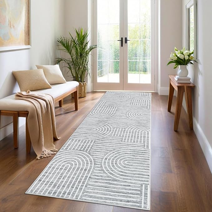 Modern Rug 2.5x8 Runners for Hallways, Abstract Kitchen Runner Rugs Non Slip Bath Runners, Rainbow Washable Runner Rug for Bedroom, Soft Long Rugs for Entryway Bathroom Laundry Dorm, Ash