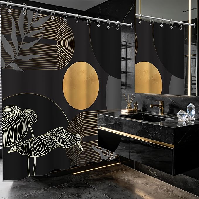 Black and Gold Shower Curtain Dark Mid Century Modern Boho Shower Curtains for Bathroom Decor MCM Masculine Cool Bath Curtain Set, Waterproof Fabric with Hooks 60 x 72 Inch