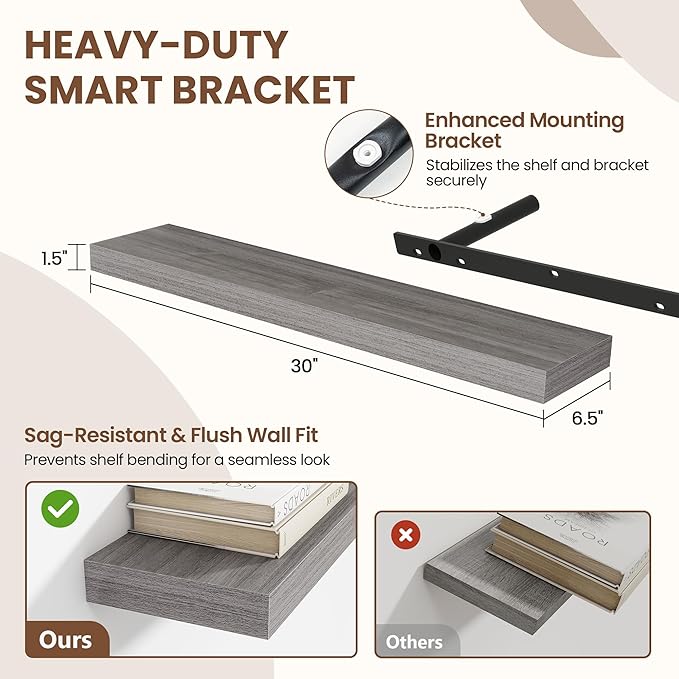 30 Inch Floating Shelves for Wall 2 Pack, 30" Wall Shelves for Books, Storage, Decor, Wall Mounted Floating Shelf with Invisible Brackets for Kitchen, Living Room, Gray