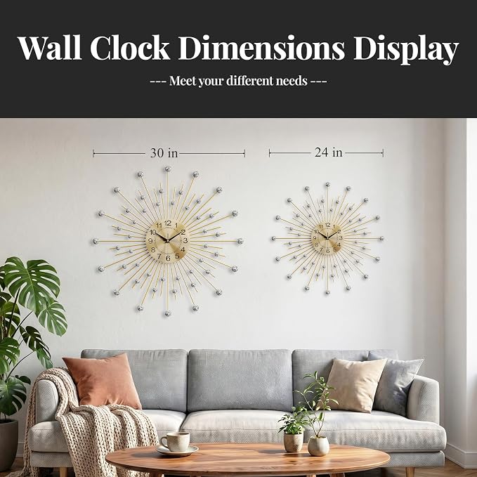 Cuspin 24 Inch Gold Wall Clock, Decorative Crystal Sunburst Mid Century Modern Clocks for Living Room Decor, Luxury Battery Operated Metal Clock Silent Non Ticking for Home Ddecor