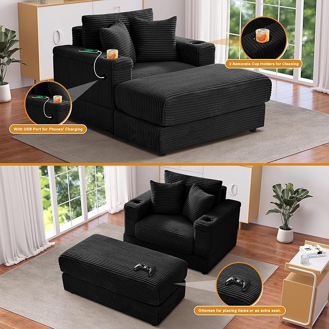 Oversized Chaise Lounge Chair Indoor with Adjustable Backrest, USB, Cup Holder & Ottoman, Firm Solid Wood Frame with Long Service Life Corduroy Oversized Lounge Reading Chair for Study Room - Black