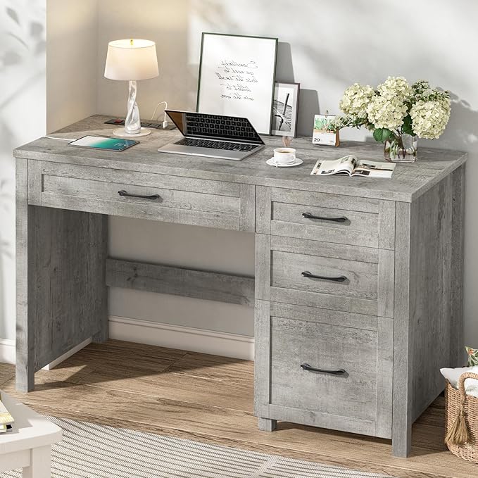 Vabches Farmhouse 47" Executive Desk with 4 Drawers, Computer Desk with File Drawer and Charging Station, Workstation for Home Office, Study.（Grey）