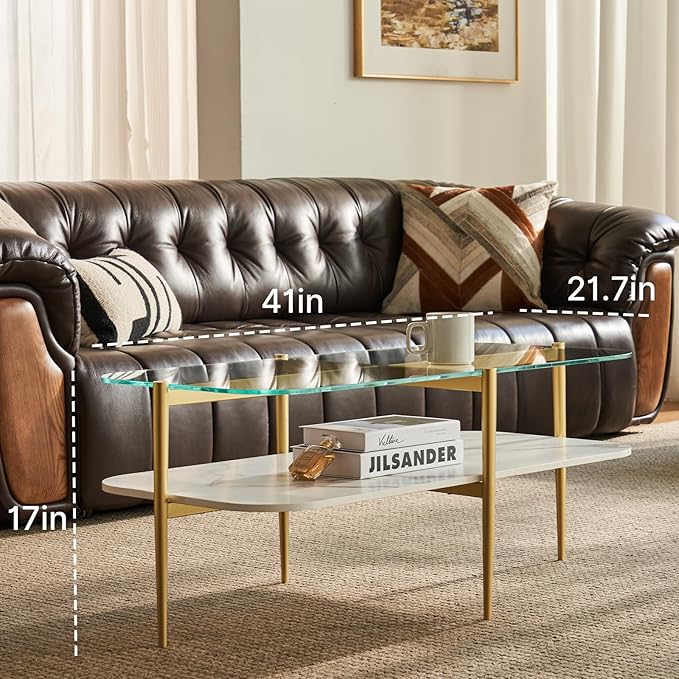 Saint Mossi Oval Glass Coffee Table for Living Room, Mid Century Center Table, Clear Glass & White MDF Bottom Shelf with Rounded Corners, L41xW21xH17, Gold Table Legs