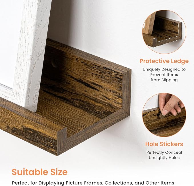 RICHFOCUS Picture Ledge Shelf, 30 inch Floating Shelves Set of 2, Wood Wall Shelves with Lip, Wall Decor Storage for Bedroom Living Room Bathroom Kitchen Nursery Photo Picture, Rustic Brown
