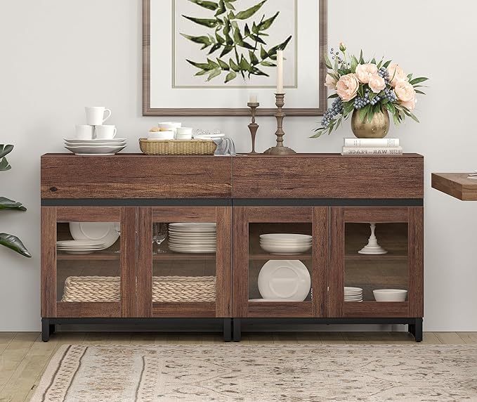 WAMPAT 63'' Multifunctional Sideboard Buffet Cabinets with 4 Glass Doors, Modern Sideboard Credenza, Coffee Bar Storage Cabinet for Living Room, Kitchen, Brown