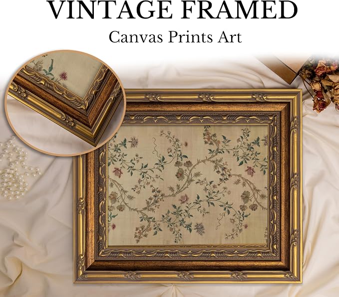 Vintage gold framed Floral Vine wall art Retro Beige Botanical Painting Canvas Prints Elegant Antique Flower French Leaf Wall Decor for Farmhouse Bedroom Living Room Home Decration 12x16in