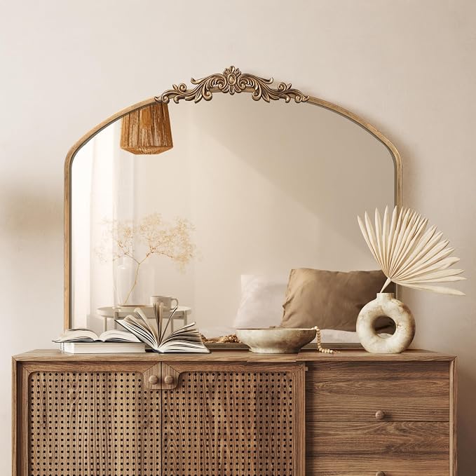 PERFNIQUE Vintage Mirror, 36" X 30" Arched Antique Baroque Mirror, Gold Traditional Wall Decor, Ornate Decor Anthro Look Alike Decor for Bathroom Living Room Fireplace Entryway Hallway