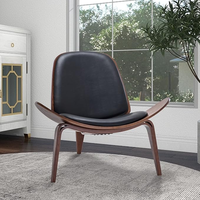 BELLEZE Shell Chairs Set of 2, Armless Mid Century Modern Accent Chairs Faux Leather Shell Lounge Chairs for Living Room Bedroom, Tripod Side Chairs with Padded Seat, Solid Wood- Avalon (Black)
