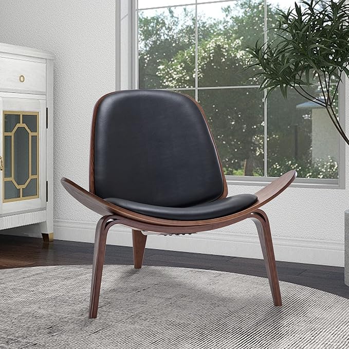 Belleze Mid Century Modern Tripod Plywood Lounge Chair Walnut Bentwood Upholstered Faux Leather, Black