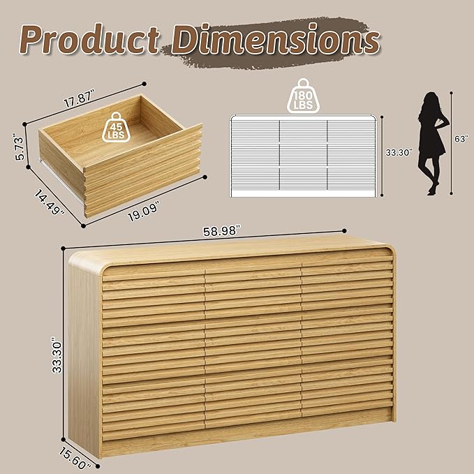 Fluted 9 Drawer Dresser for Bedroom, 59" Wide Wood Chests of Drawers with Curved Profile, Mid Century Modern Dresser with Large Storage & Hidden Handle for Living Room, Hallway, Natural Oak