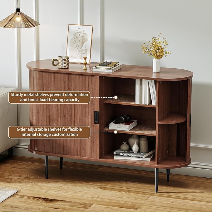 ARTPOWER 47.2" Sideboard Buffet Cabinet with Tambour Door, 6 Heights Adjustable Shelves, Accent Console Cabinet with Storage, Modern Credenza for Living Room, Dining Room, Entryway, Walnut